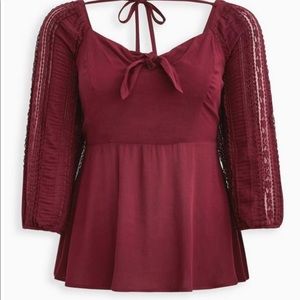 NWT Torrid Zinfandel Peplum Crepe Embroidered Sleeve Top Size 0X